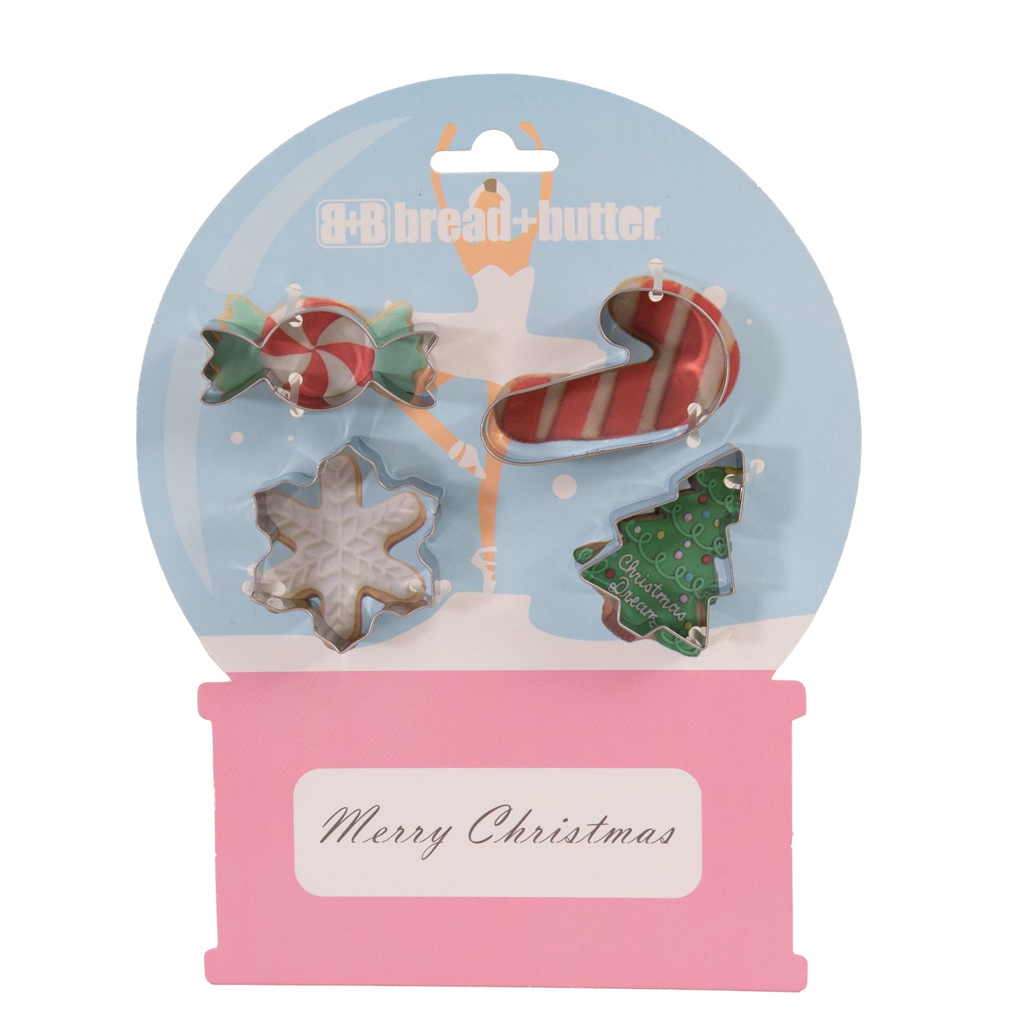Set of 4 Bread and Butter Cookie Cutter - Snowglobe, Card, Tree, Candy Cane