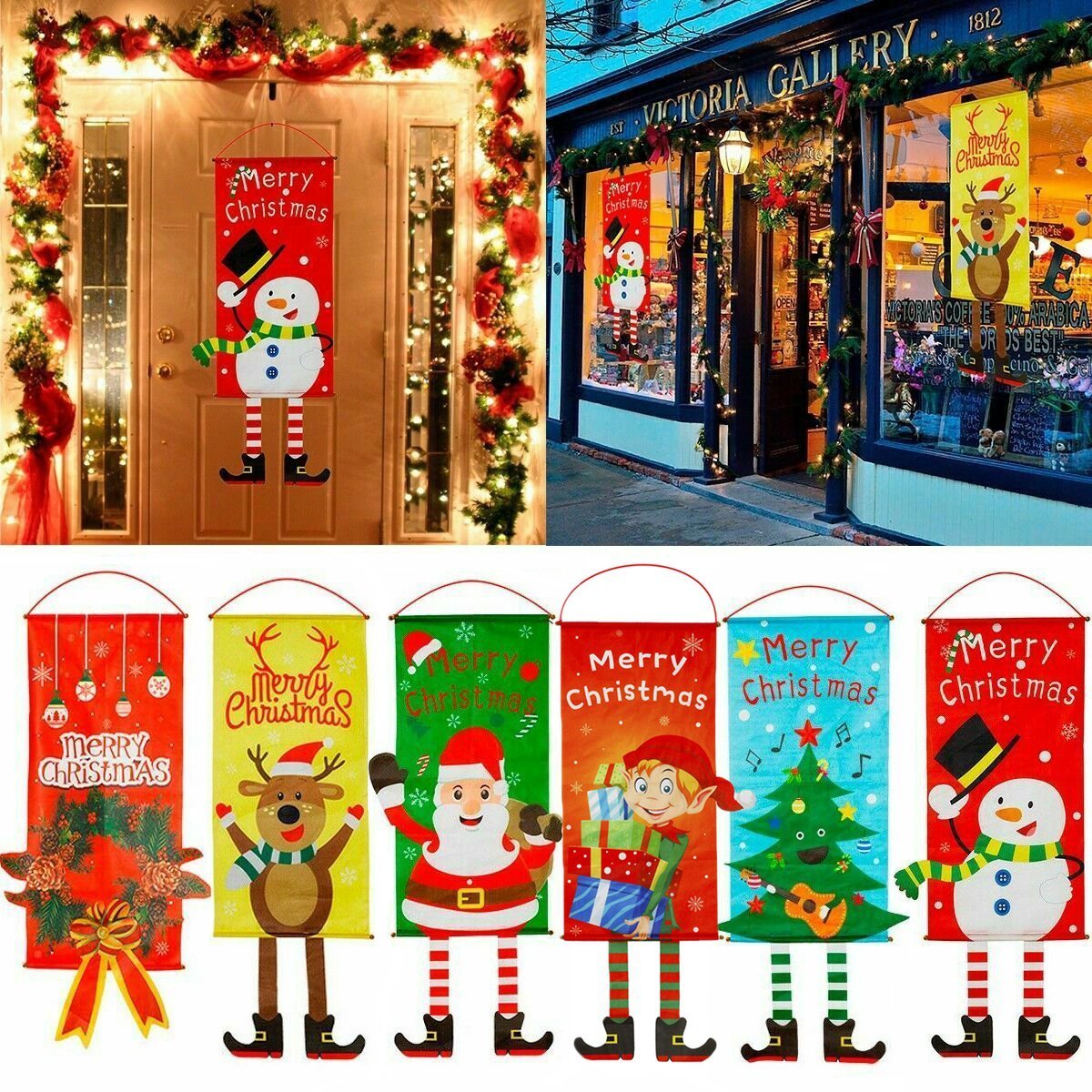 Set of 6 Christmas Hanging Banner Flag Door Window Décor Santa Reindeer Snowman Ornaments