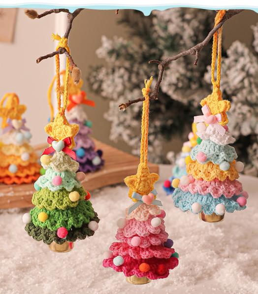 2 Pcs Style C Yellow and Green Handmade Crochet Christmas Tree Ornament - Festive Hanging Decoration with Jingle Bell