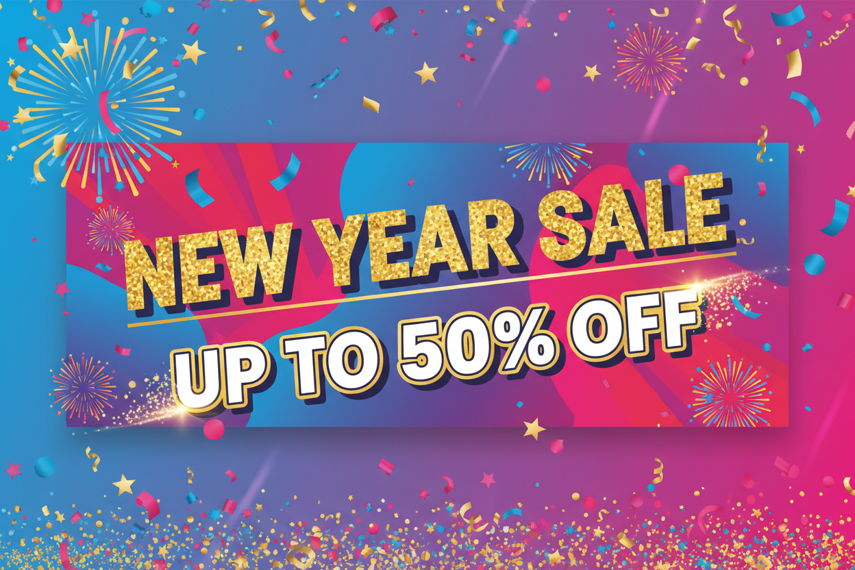 new year sale, up tp 50% off, no shop now button,