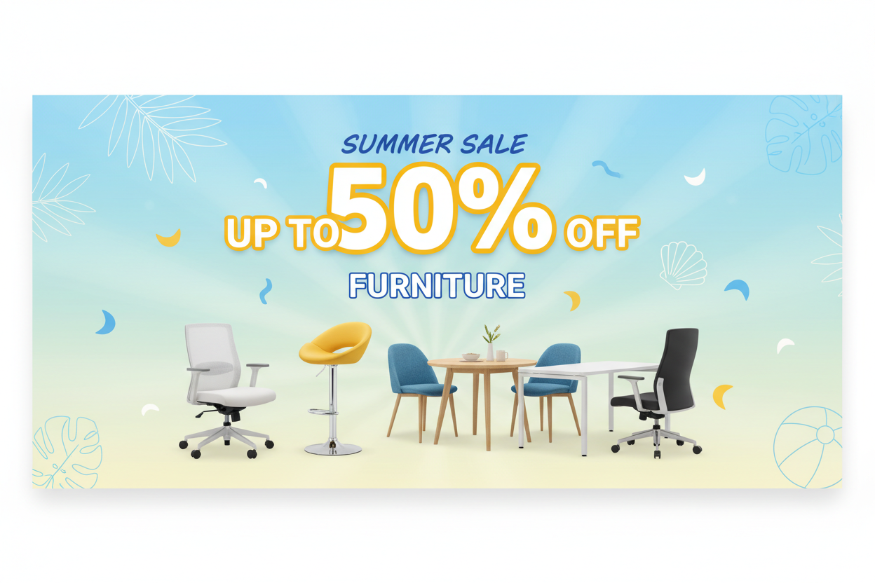 office chair, bar stools tables by using store image, summer sale theme, up to 50% off