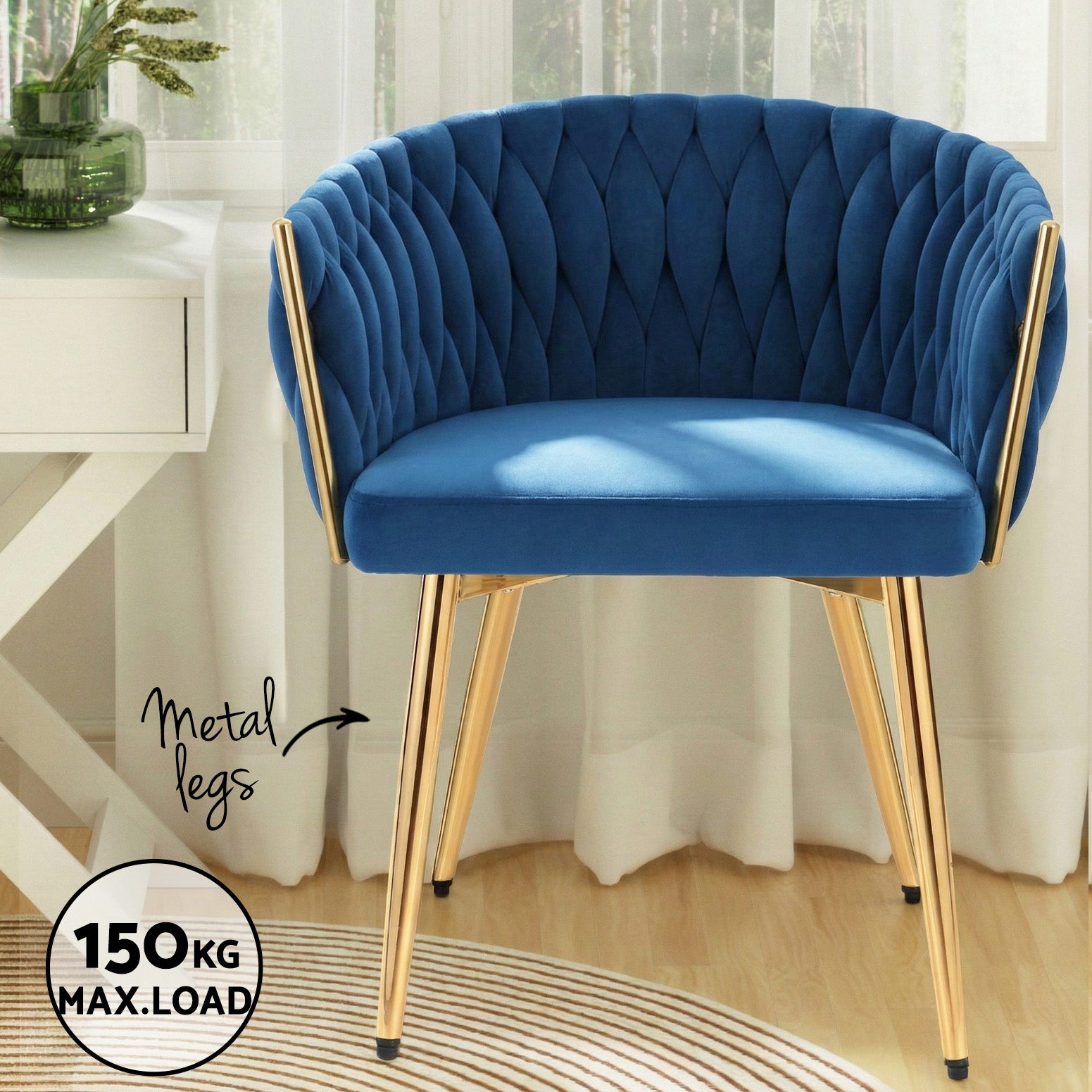 1 Set of 4  Dining Chairs Velvet Weaving Armchair Blue