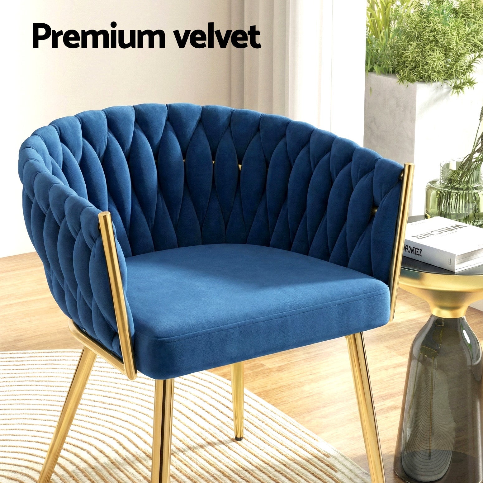 1 Set of 4  Dining Chairs Velvet Weaving Armchair Blue