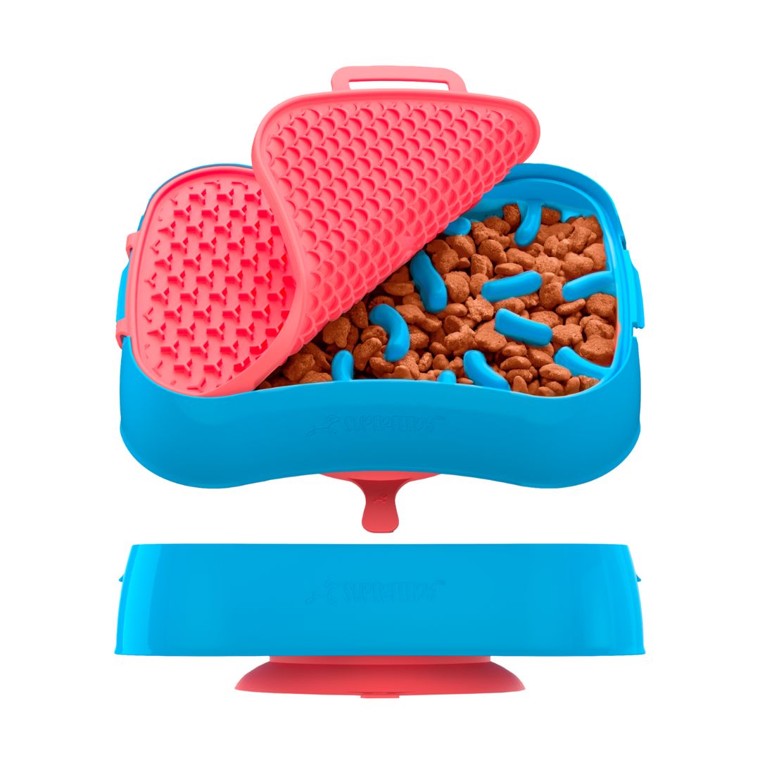 4-in-1 Slow Feeder Dog Bowl - Blue Bowl and Warm Ocean Red Lickmat