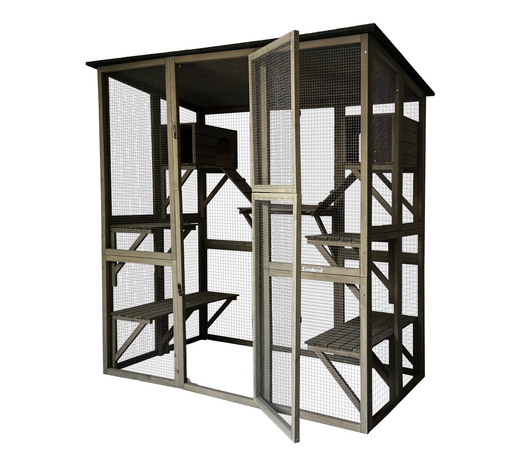 Wooden Cat Cage Walk in Cat Condo House Kitten Ferret Enclosure Cage