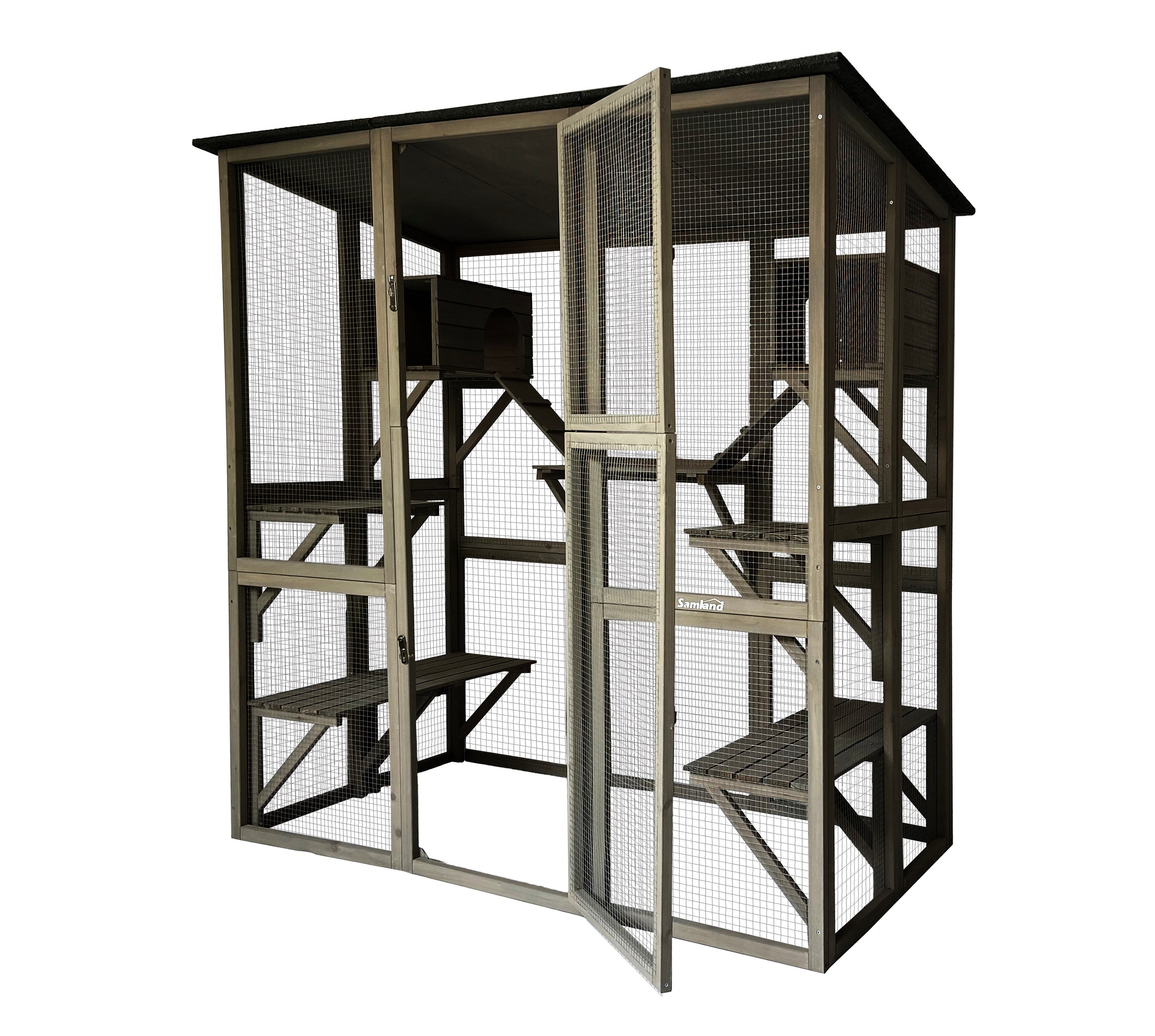Wooden Cat Cage Walk in Cat Condo House Kitten Ferret Enclosure Cage