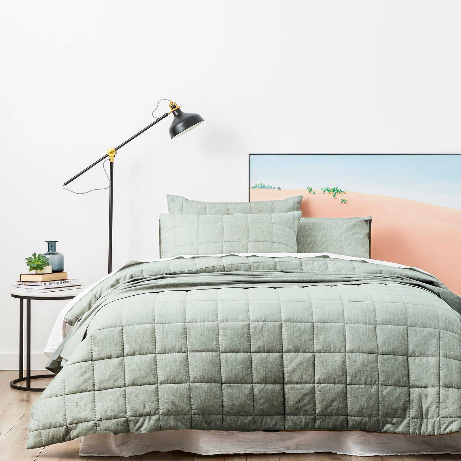 Paradis Washed Chambray Sage Quilted Quilt Cover Set by Park Avenue Super King
