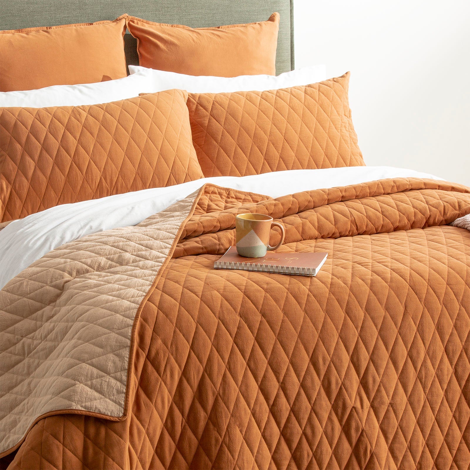 Diamante Vintage Stone Washed Cotton Reversible Quilted Wood Coverlet Set by Renee Taylor Queen/King