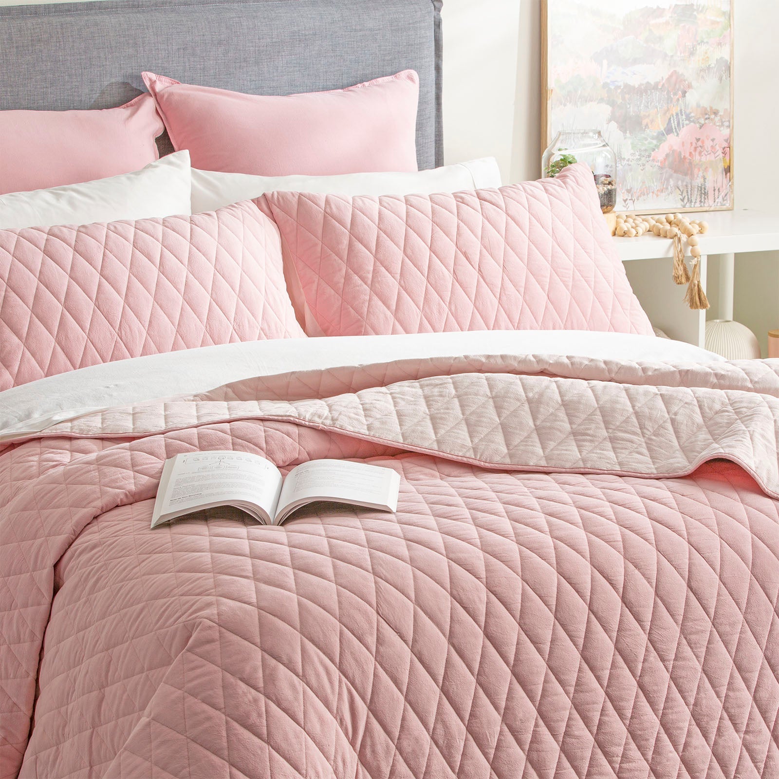 Diamante Vintage Stone Washed Cotton Reversible Quilted Rose Coverlet Set by Renee Taylor Super King