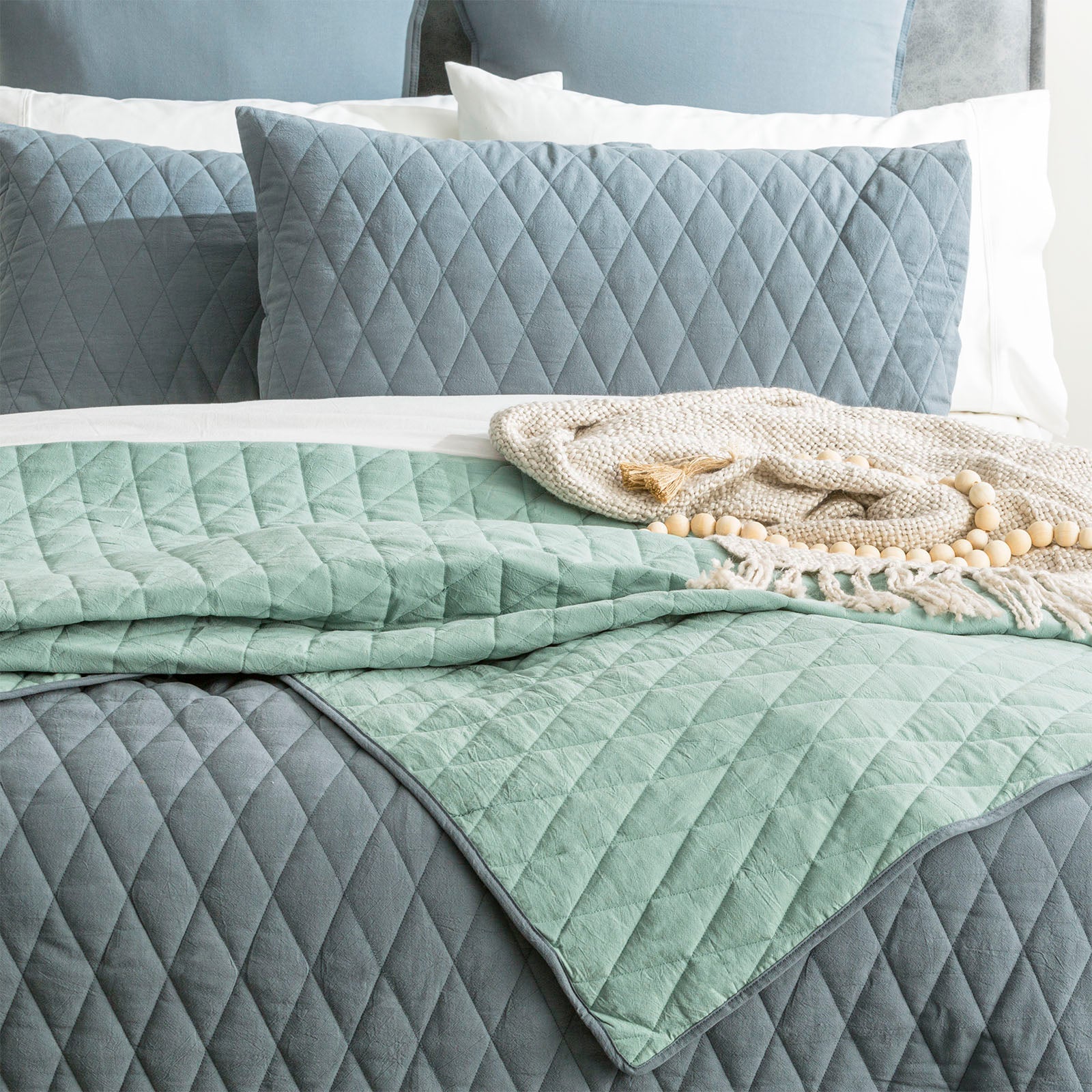 Diamante Vintage Stone Washed Cotton Reversible Quilted Mineral Coverlet Set by Renee Taylor Super King