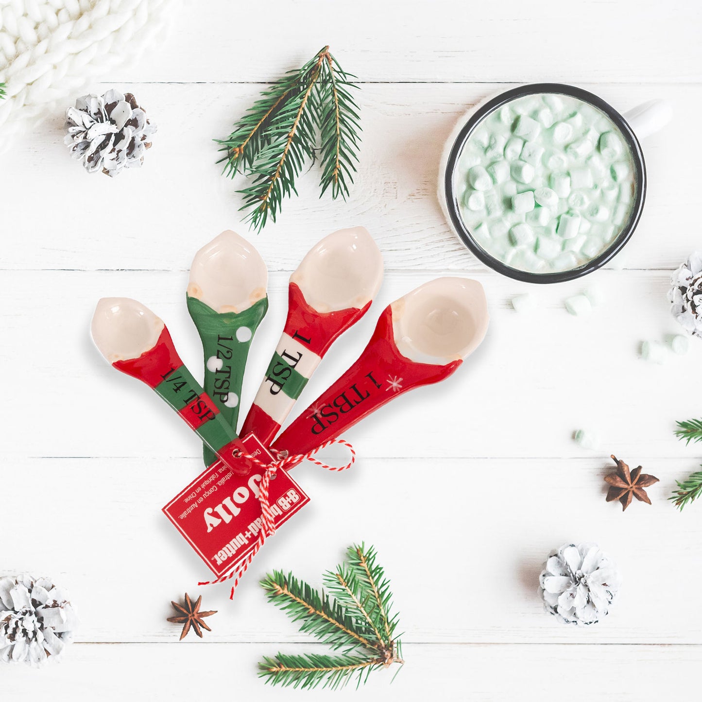 Set of 4 Bread and Butter Gnome Measuring Spoons - Green/ Red/ White