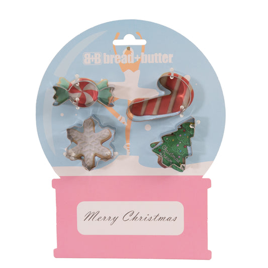 Set of 4 Bread and Butter Cookie Cutter - Snowglobe, Card, Tree, Candy Cane