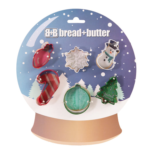 Set of 6 Bread and Butter Cookie Cutter - Globe, Flake, SnowMan, Cane, Sock, Tree