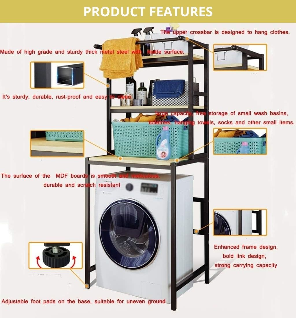 3-Tier Over Washing Machine Storage Rack Laundry Shelf Organizer for Bathroom or Toilet (Black)