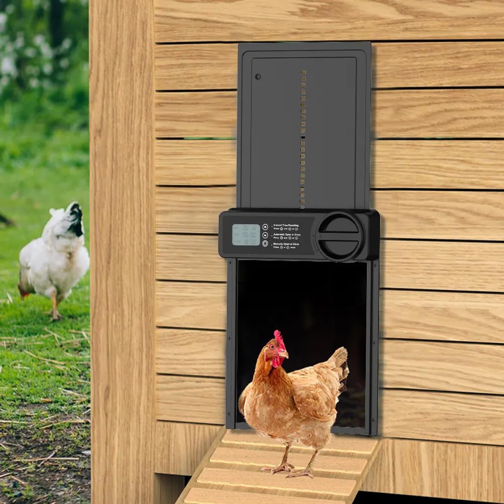 Automatic Chicken Coop Door Opener with Timer Control, Anti-Pinch Protection, LCD Display & Battery Powered for Backyard Chickens