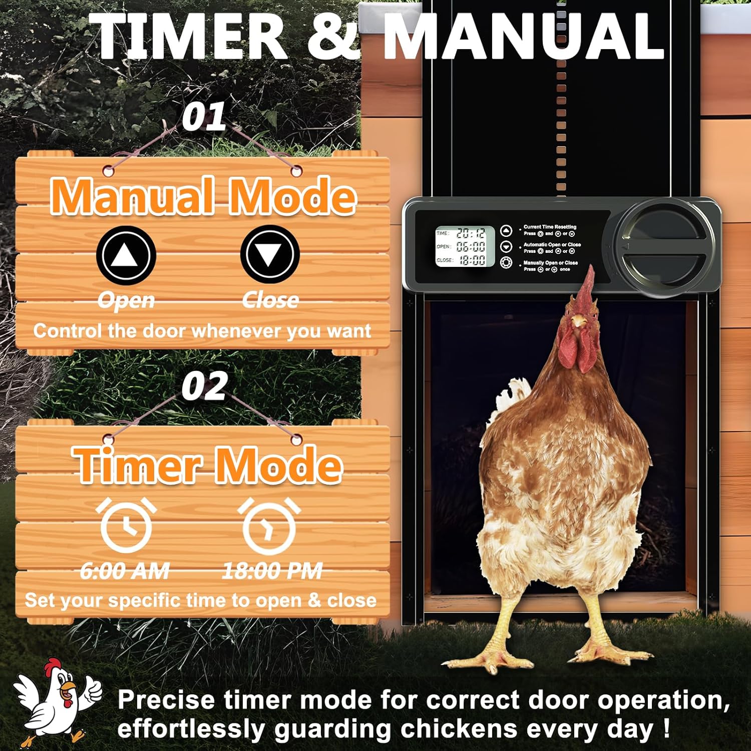 Automatic Chicken Coop Door Opener with Timer Control, Anti-Pinch Protection, LCD Display & Battery Powered for Backyard Chickens