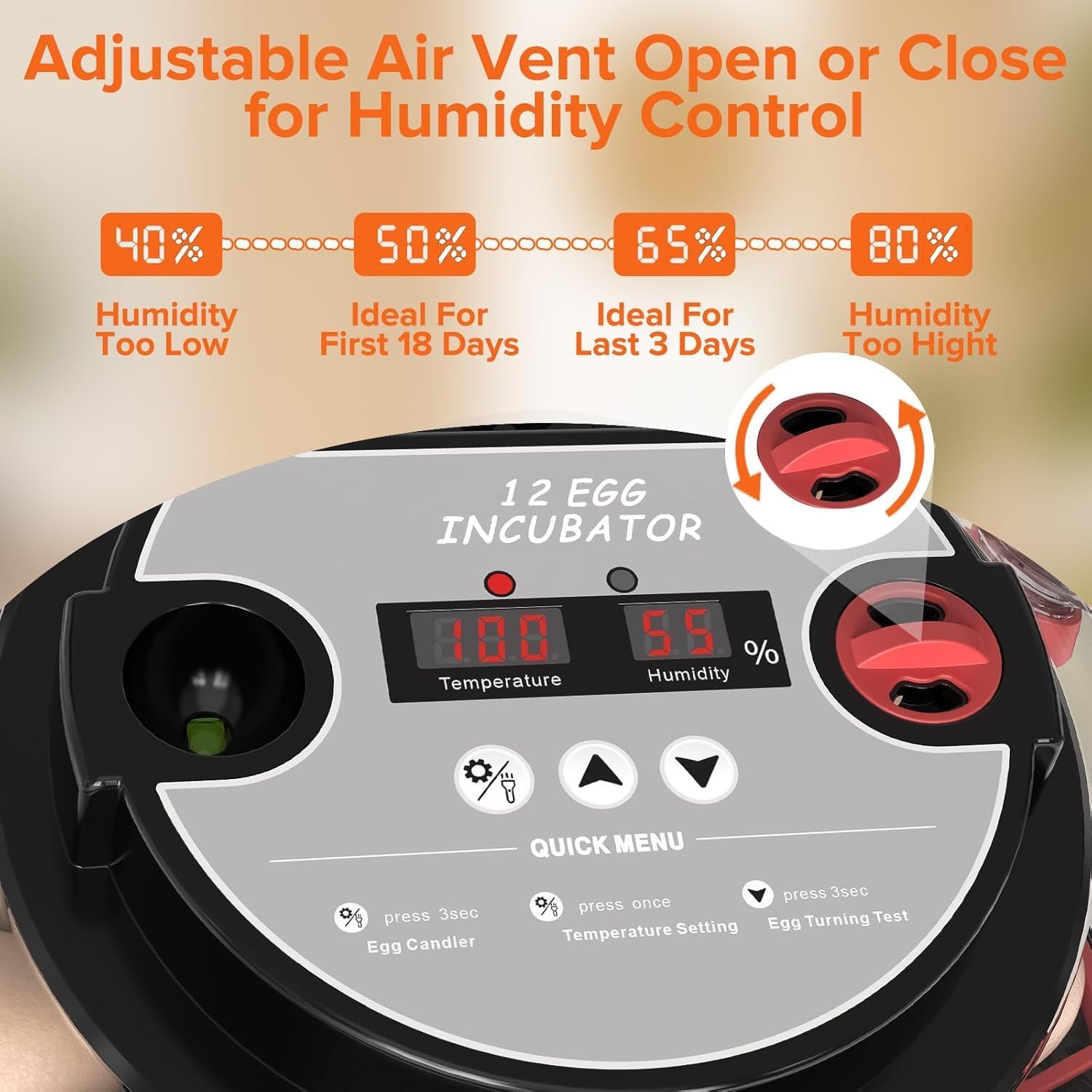 12 Egg Incubator with Automatic Turning, LED Display, Humidity & Temperature Control, Auto Water System & Built-in Egg Candler for Chicken, Duck, Quail, Goose