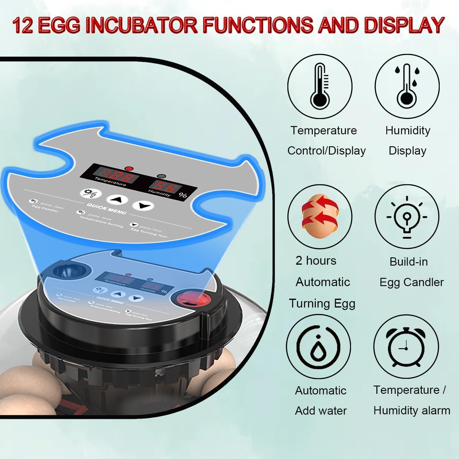 12 Egg Incubator with Automatic Turning, LED Display, Humidity & Temperature Control, Auto Water System & Built-in Egg Candler for Chicken, Duck, Quail, Goose
