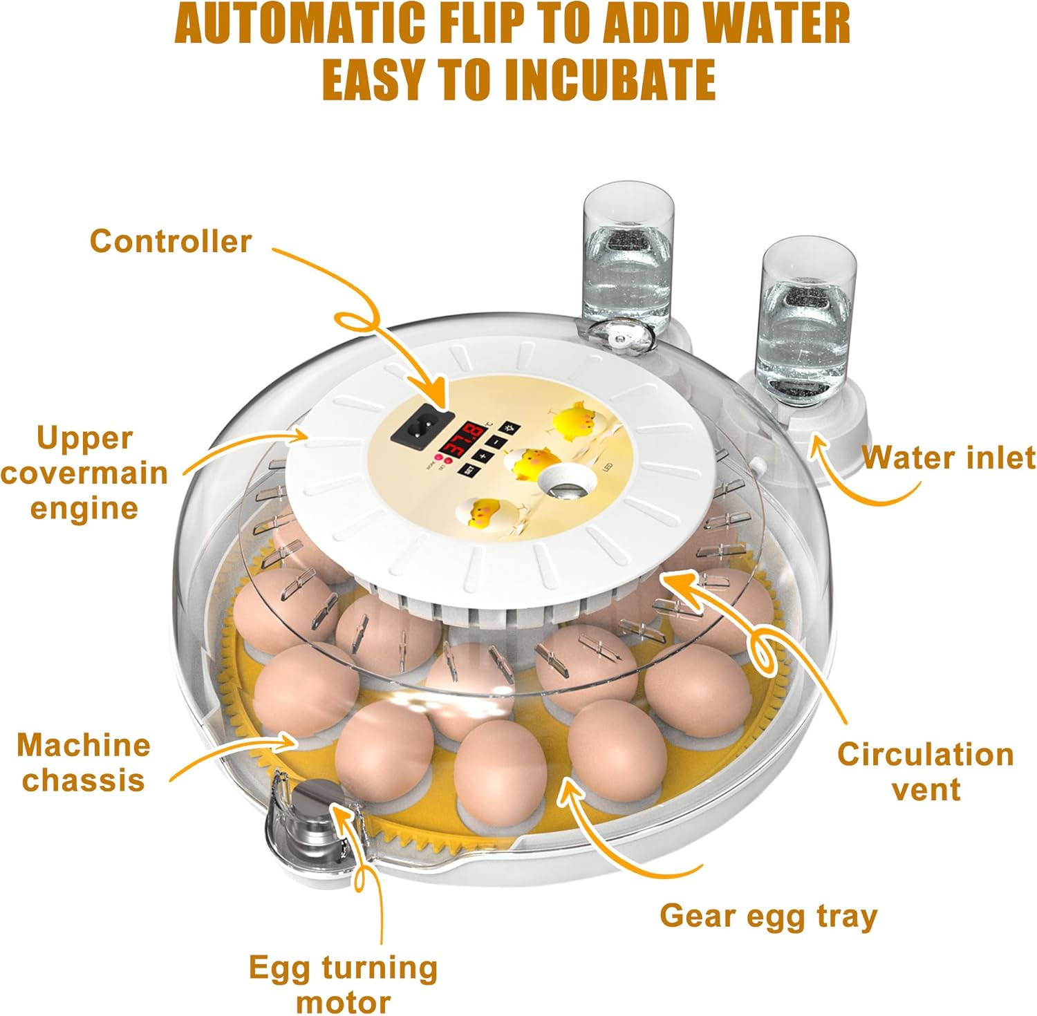 18 Egg Incubator with Automatic Turning, LED Display, Humidity & Temperature Control, Auto Water System & Built-in Egg Candler for Chicken, Duck, Quail, Goose