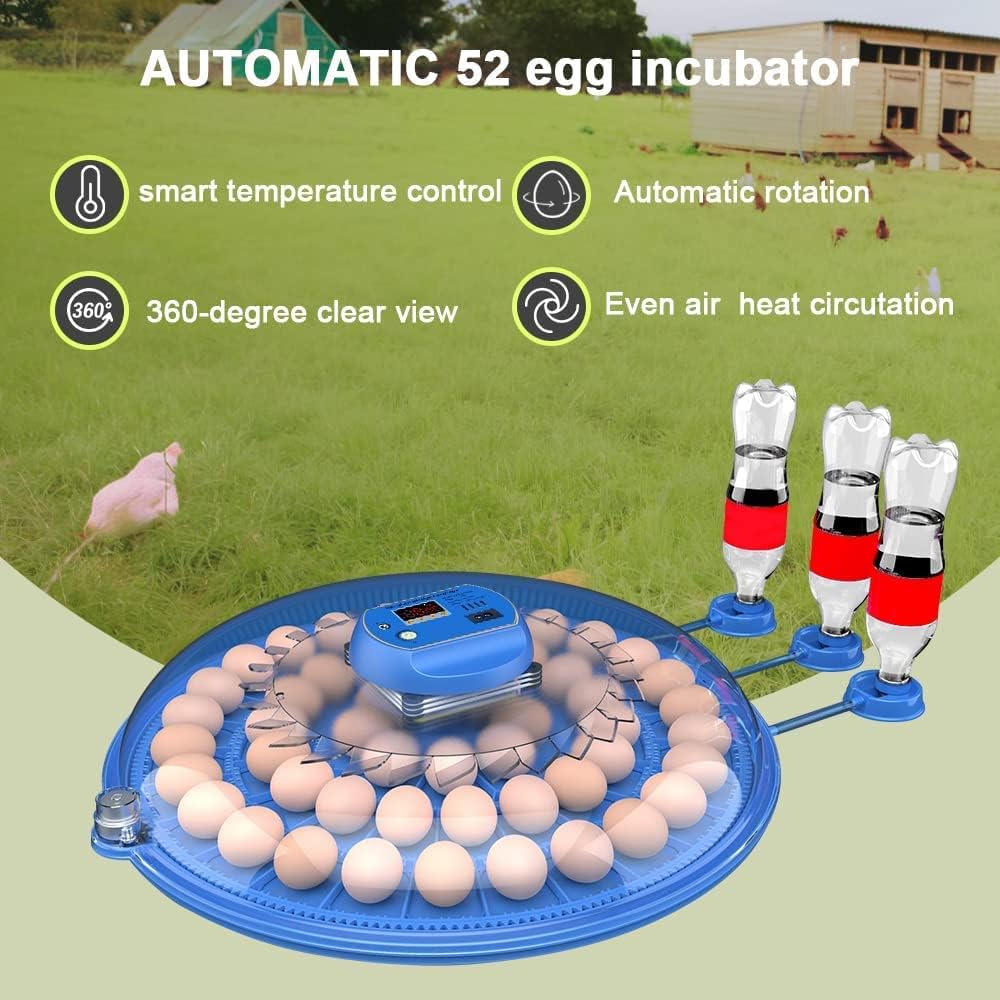 52 Egg Incubator with Automatic Turning, LED Display, Humidity & Temperature Control, Auto Water System & Built-in Egg Candler for Chicken, Duck, Quail, Goose