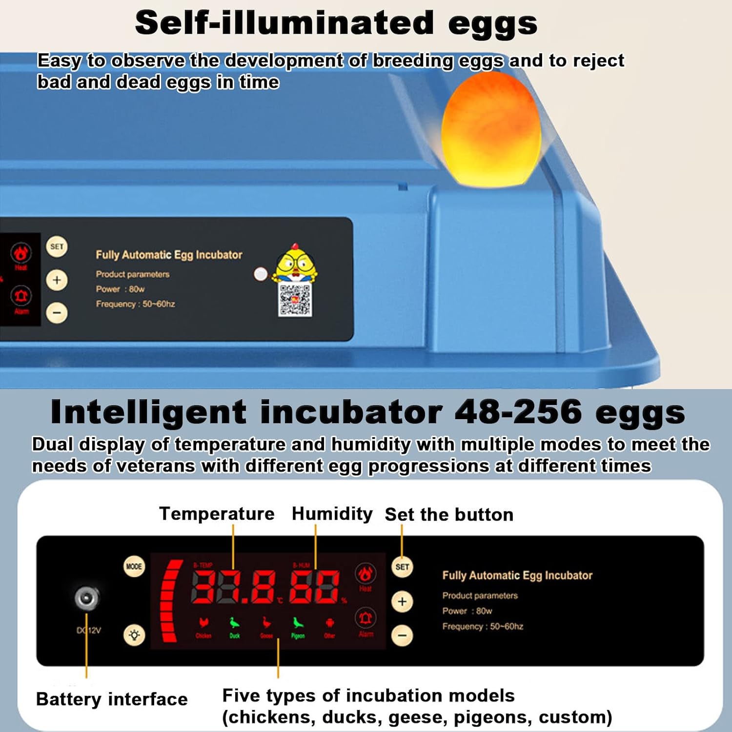 128 Egg Incubator with Automatic Turning, LED Display, Humidity & Temperature Control, Auto Water System & Built-in Egg Candler for Chicken, Duck, Quail, Goose