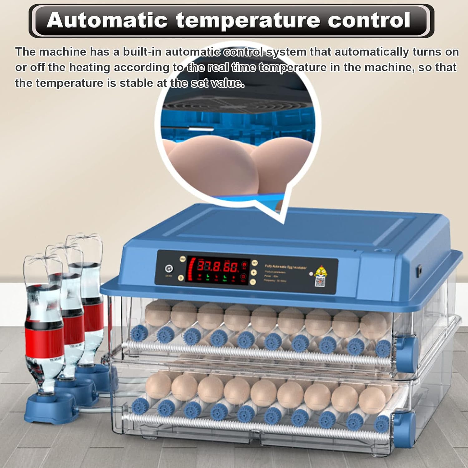 128 Egg Incubator with Automatic Turning, LED Display, Humidity & Temperature Control, Auto Water System & Built-in Egg Candler for Chicken, Duck, Quail, Goose