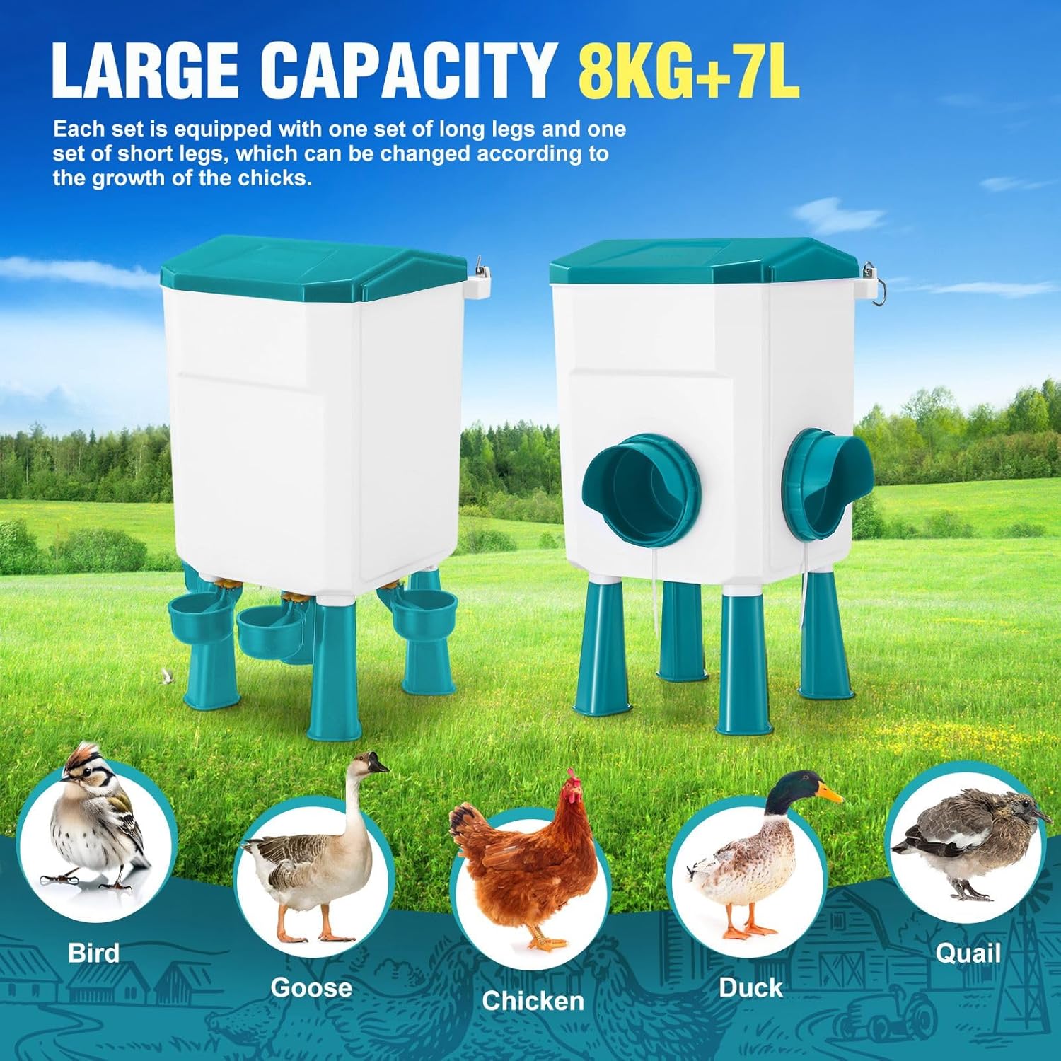 Automatic Chicken Feeder Waterer Set with 8KG Food 7L Water Capacity for Coop, Chickens, Ducks, Quails (Blue)