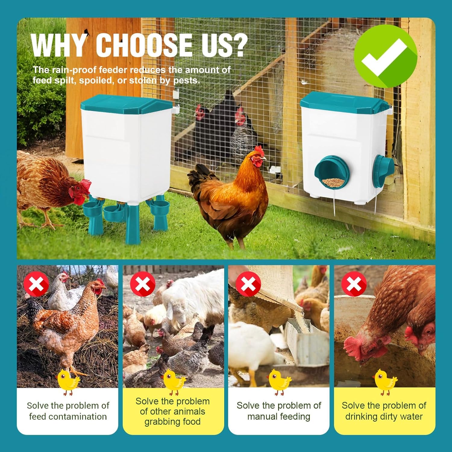 Automatic Chicken Feeder Waterer Set with 8KG Food 7L Water Capacity for Coop, Chickens, Ducks, Quails (Blue)