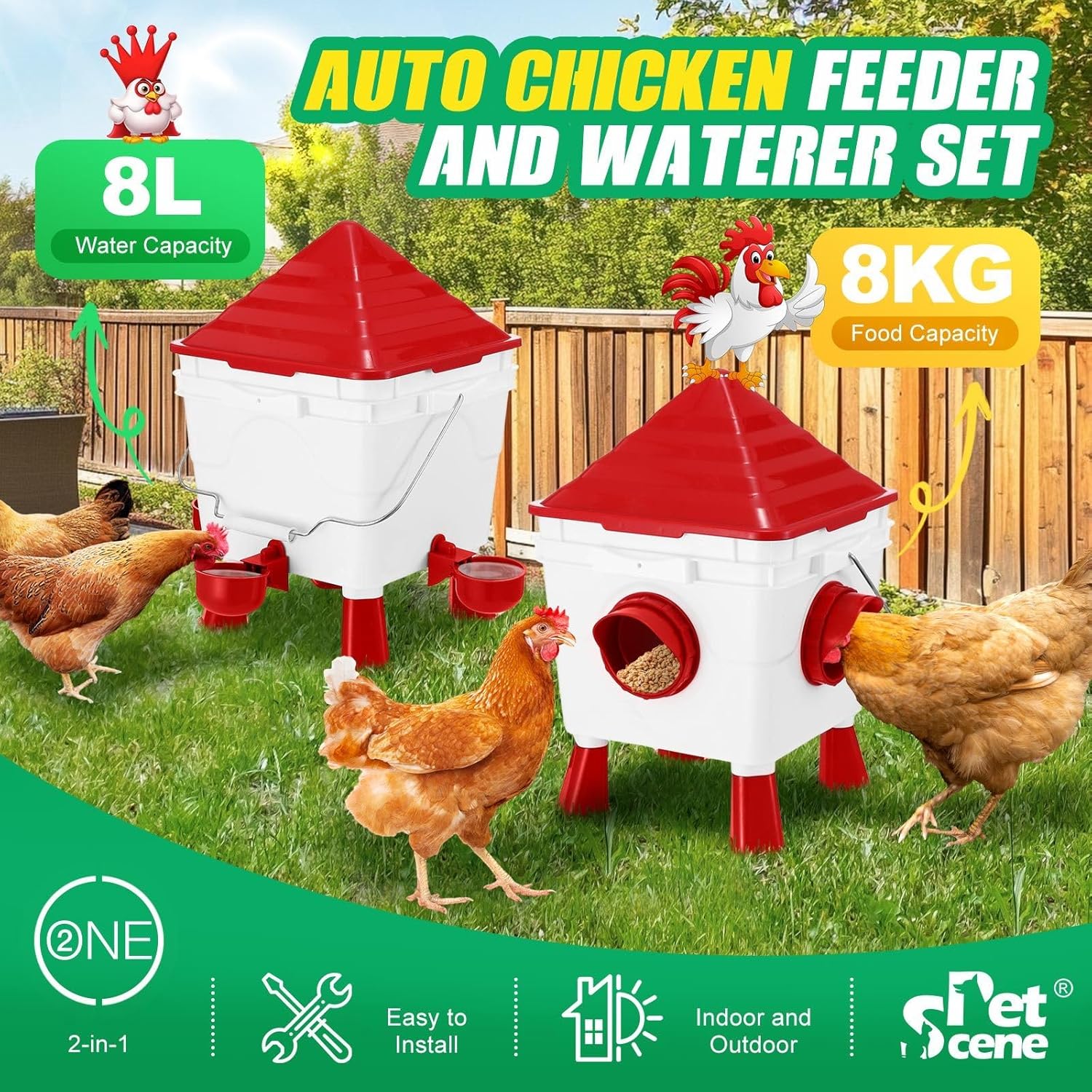 Chicken Feeder Waterer Set, Automatic Gravity Dispenser with 8KG Food & 8L Water Capacity, 4 Ports & Cups, Clean Poultry Feeding for Coop, Duck, Quail, Hen