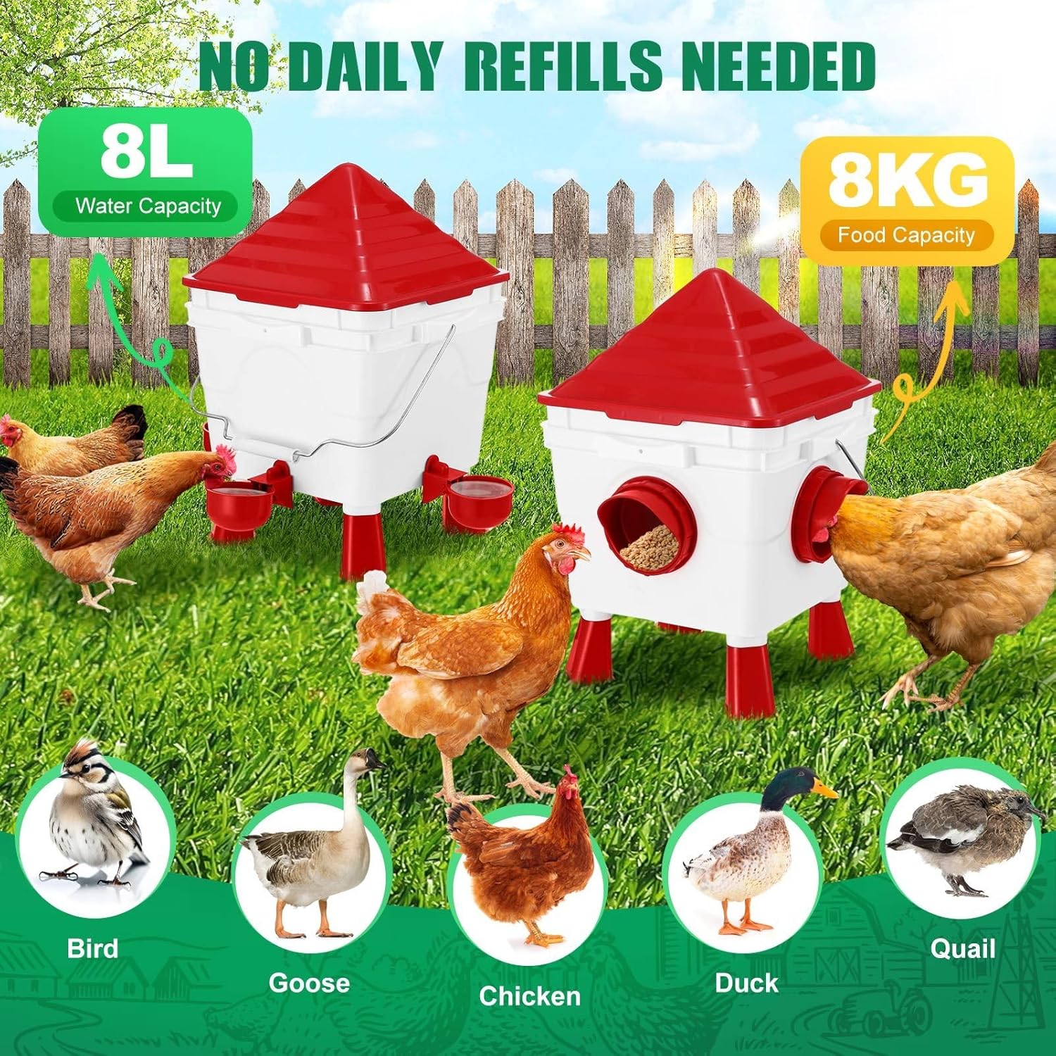 Chicken Feeder Waterer Set, Automatic Gravity Dispenser with 8KG Food & 8L Water Capacity, 4 Ports & Cups, Clean Poultry Feeding for Coop, Duck, Quail, Hen