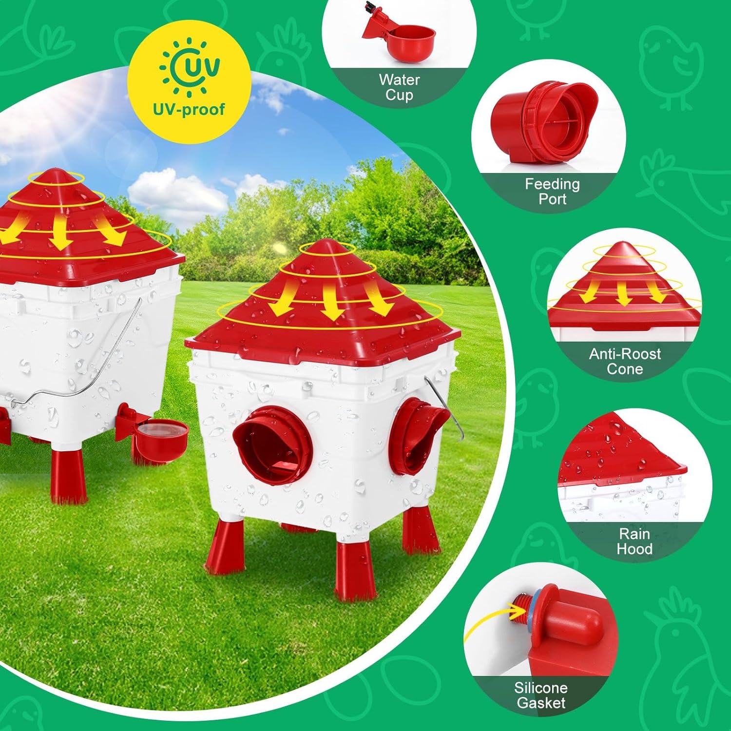 Chicken Feeder Waterer Set, Automatic Gravity Dispenser with 8KG Food & 8L Water Capacity, 4 Ports & Cups, Clean Poultry Feeding for Coop, Duck, Quail, Hen