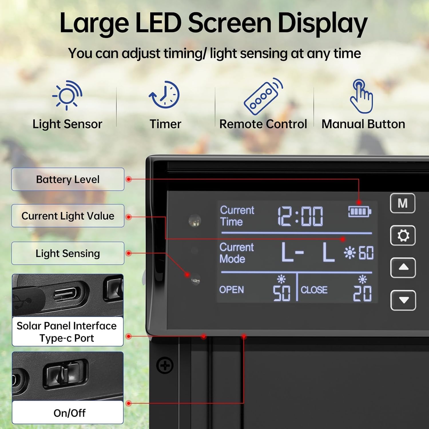 Automatic Chicken Coop Door Solar Powered with 4 Mode Timer & Light Sensor, Anti-Pinch & USB Charging Port