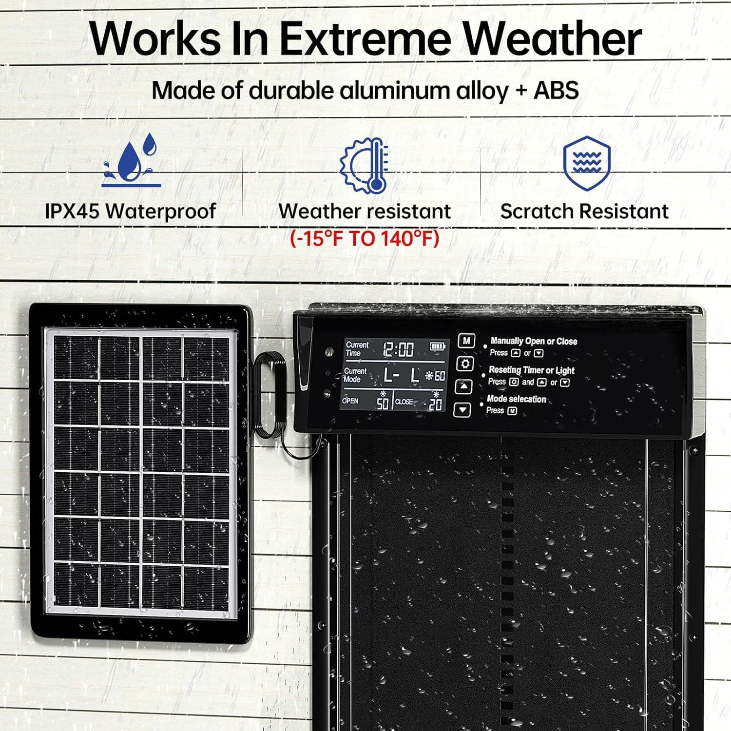 Automatic Chicken Coop Door Solar Powered with 4 Mode Timer & Light Sensor, Anti-Pinch & USB Charging Port