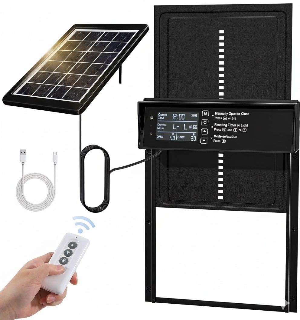Automatic Chicken Coop Door Solar Powered with 4 Mode Timer & Light Sensor, Anti-Pinch & USB Charging Port