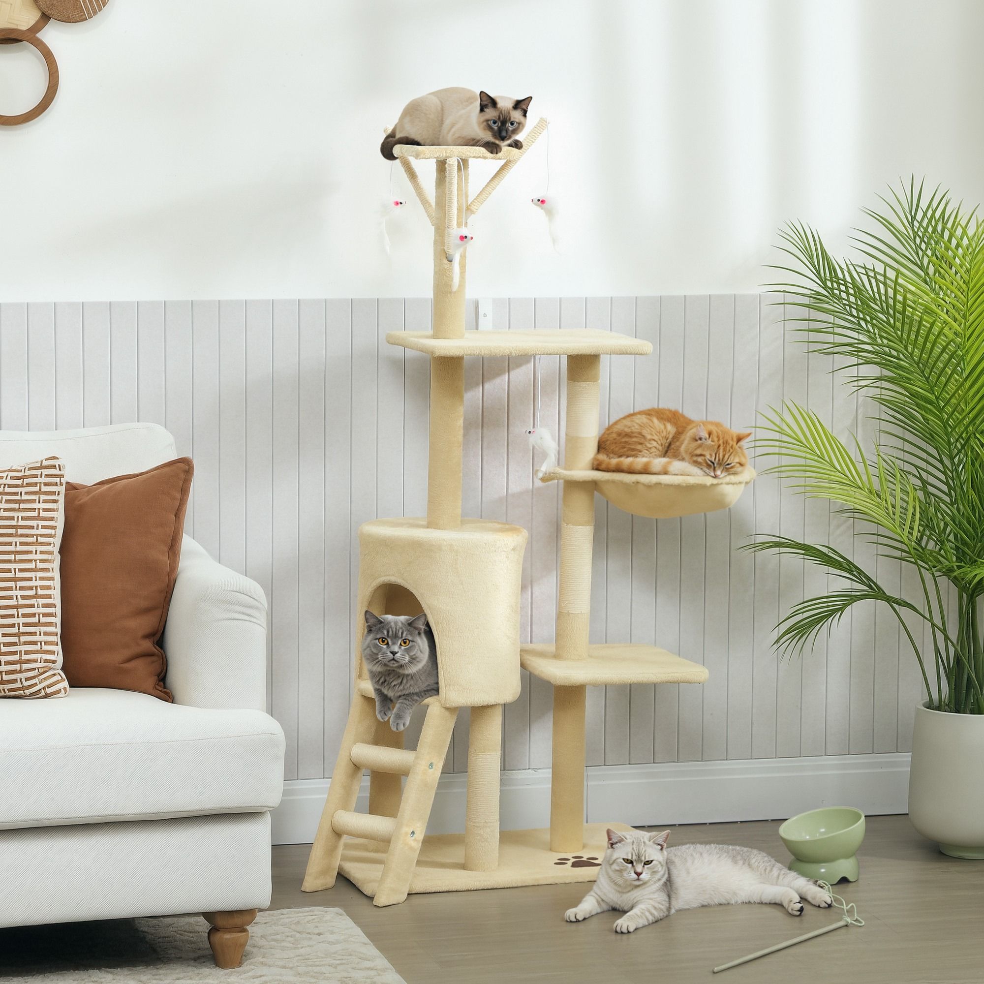 134cm Cat Tree for Indoor Cats with Hammock, Plush Perch & Sisal Scratching Posts for Kittens & Adult Cats (Beige)
