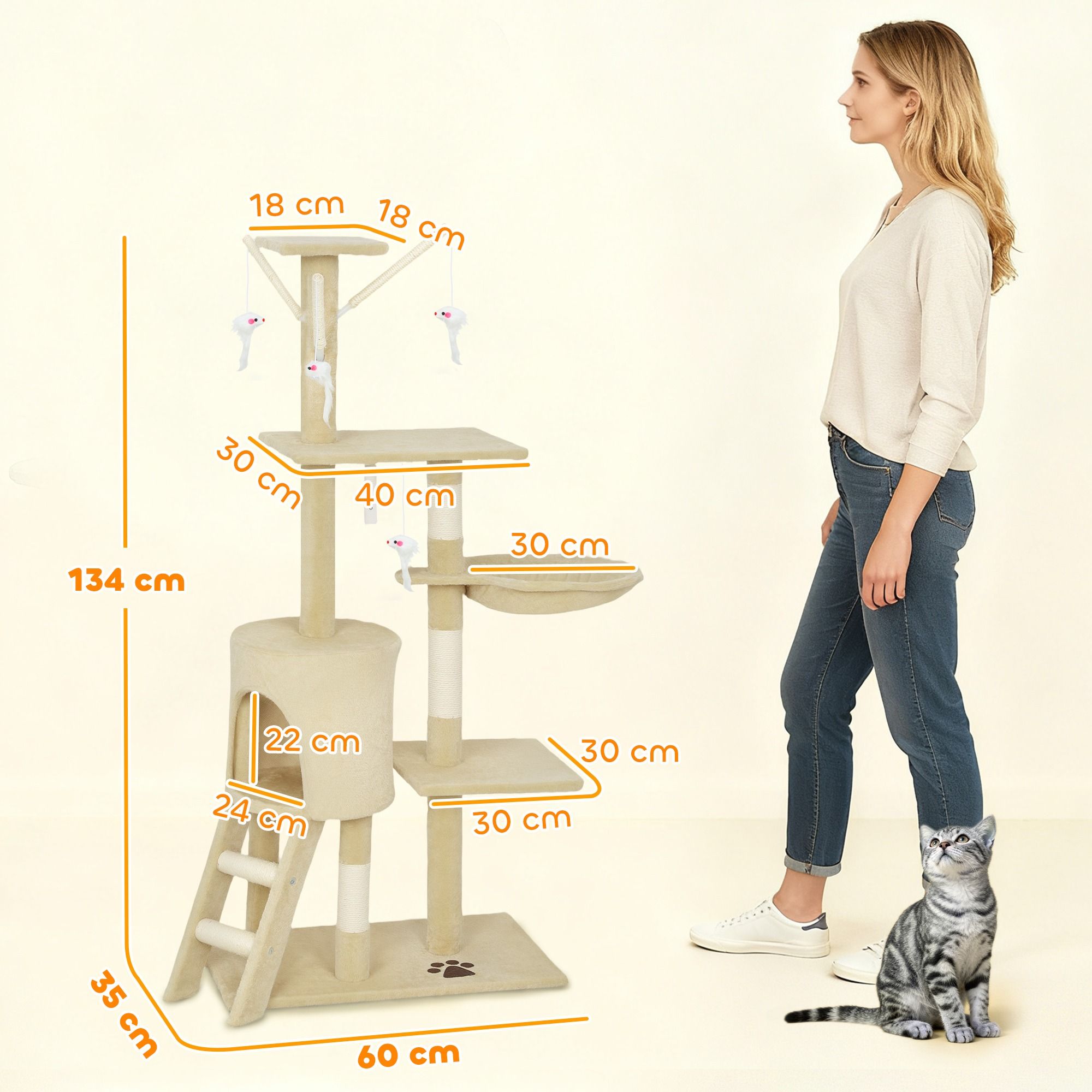 134cm Cat Tree for Indoor Cats with Hammock, Plush Perch & Sisal Scratching Posts for Kittens & Adult Cats (Beige)