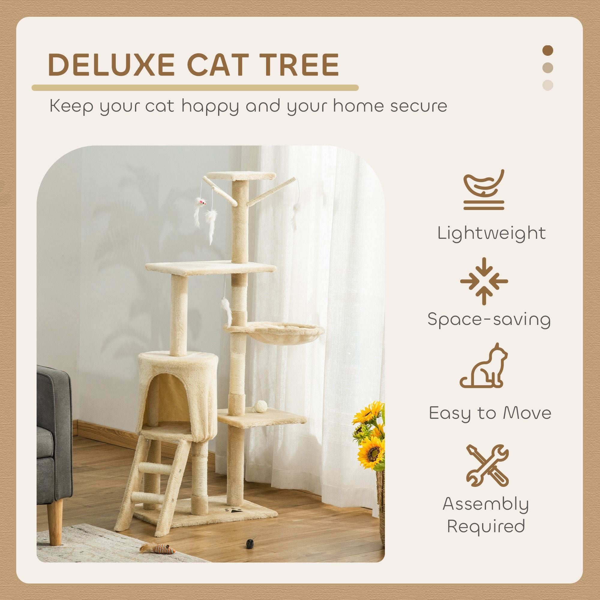 134cm Cat Tree for Indoor Cats with Hammock, Plush Perch & Sisal Scratching Posts for Kittens & Adult Cats (Beige)