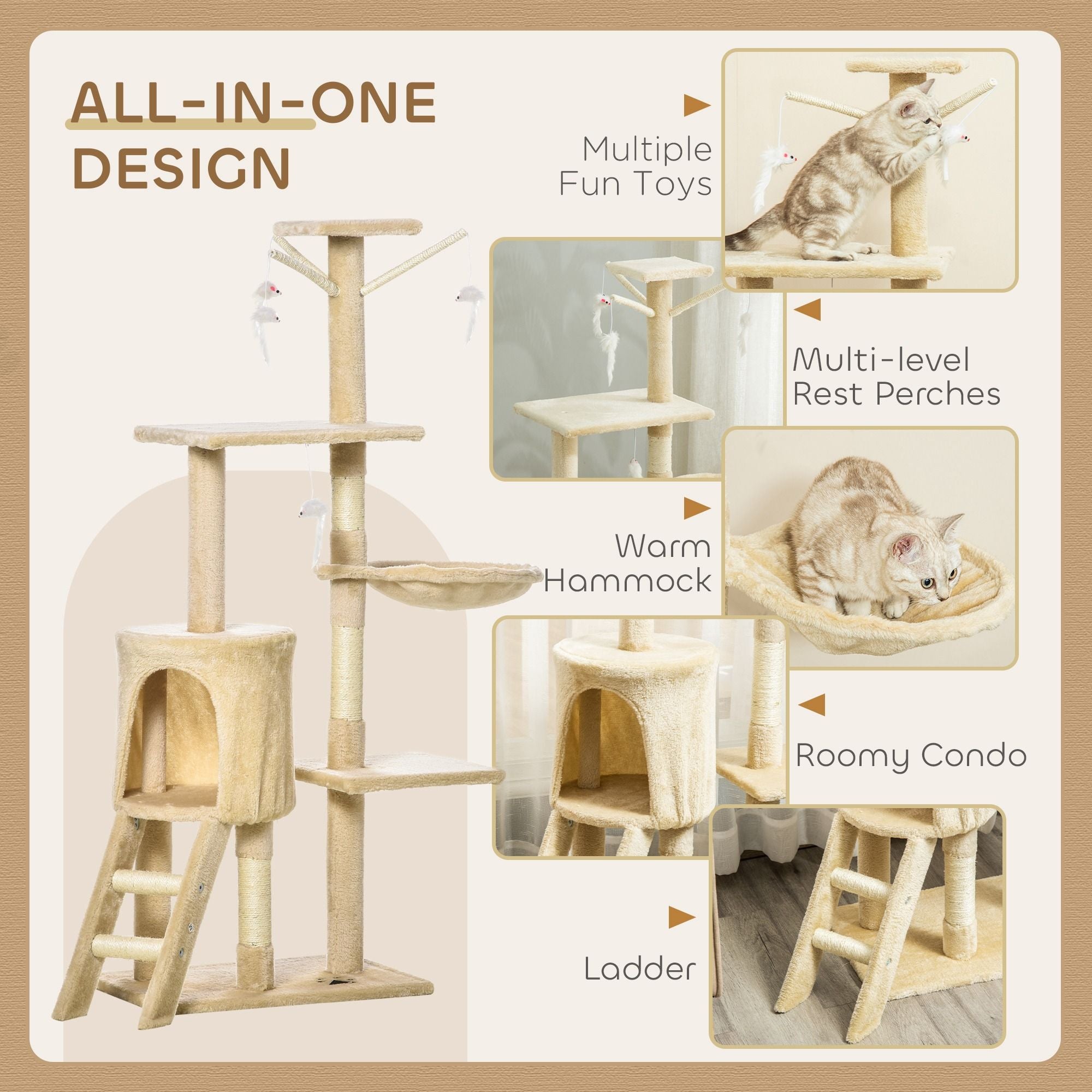 134cm Cat Tree for Indoor Cats with Hammock, Plush Perch & Sisal Scratching Posts for Kittens & Adult Cats (Beige)