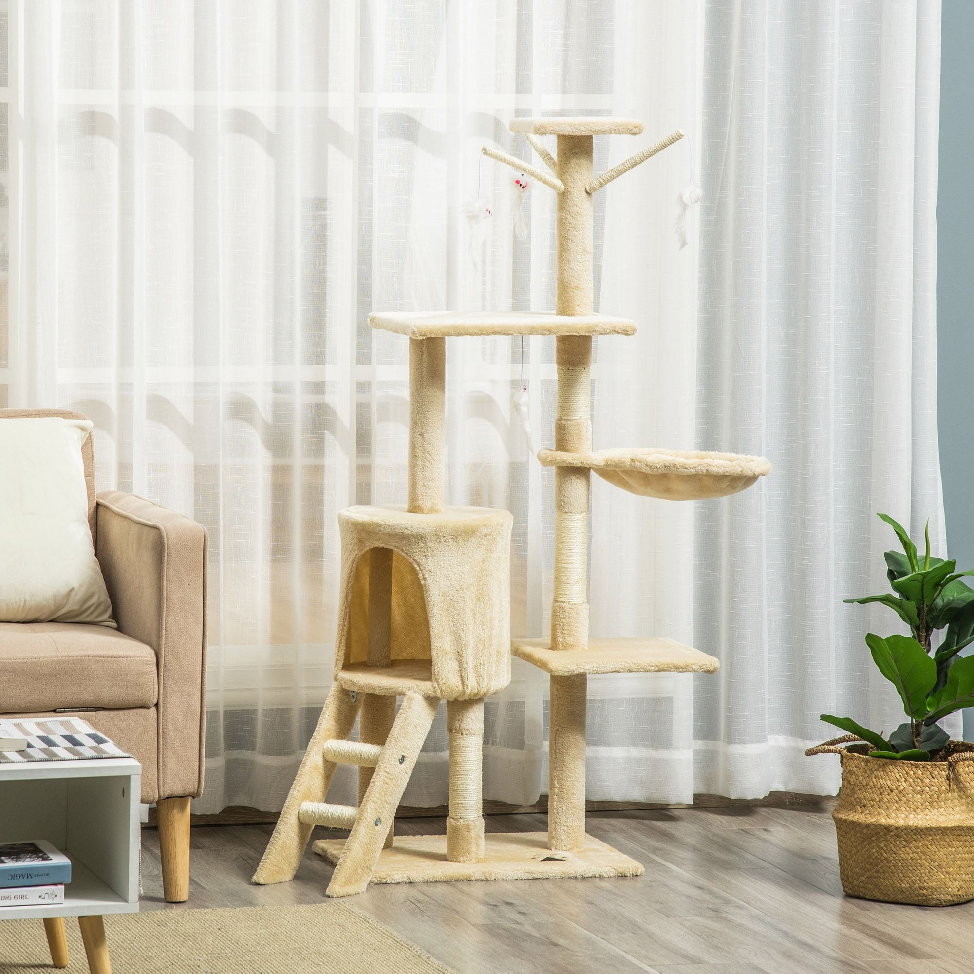 134cm Cat Tree for Indoor Cats with Hammock, Plush Perch & Sisal Scratching Posts for Kittens & Adult Cats (Beige)