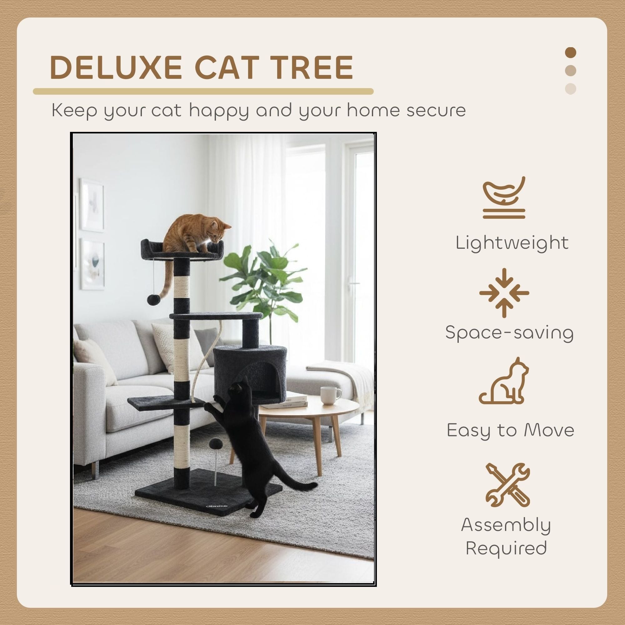 TGO 140cm Cat Tree for Indoor Cats with Plush Perch, Sisal Scratching Posts & Condo for Kittens & Adult Cats (Dark Grey)