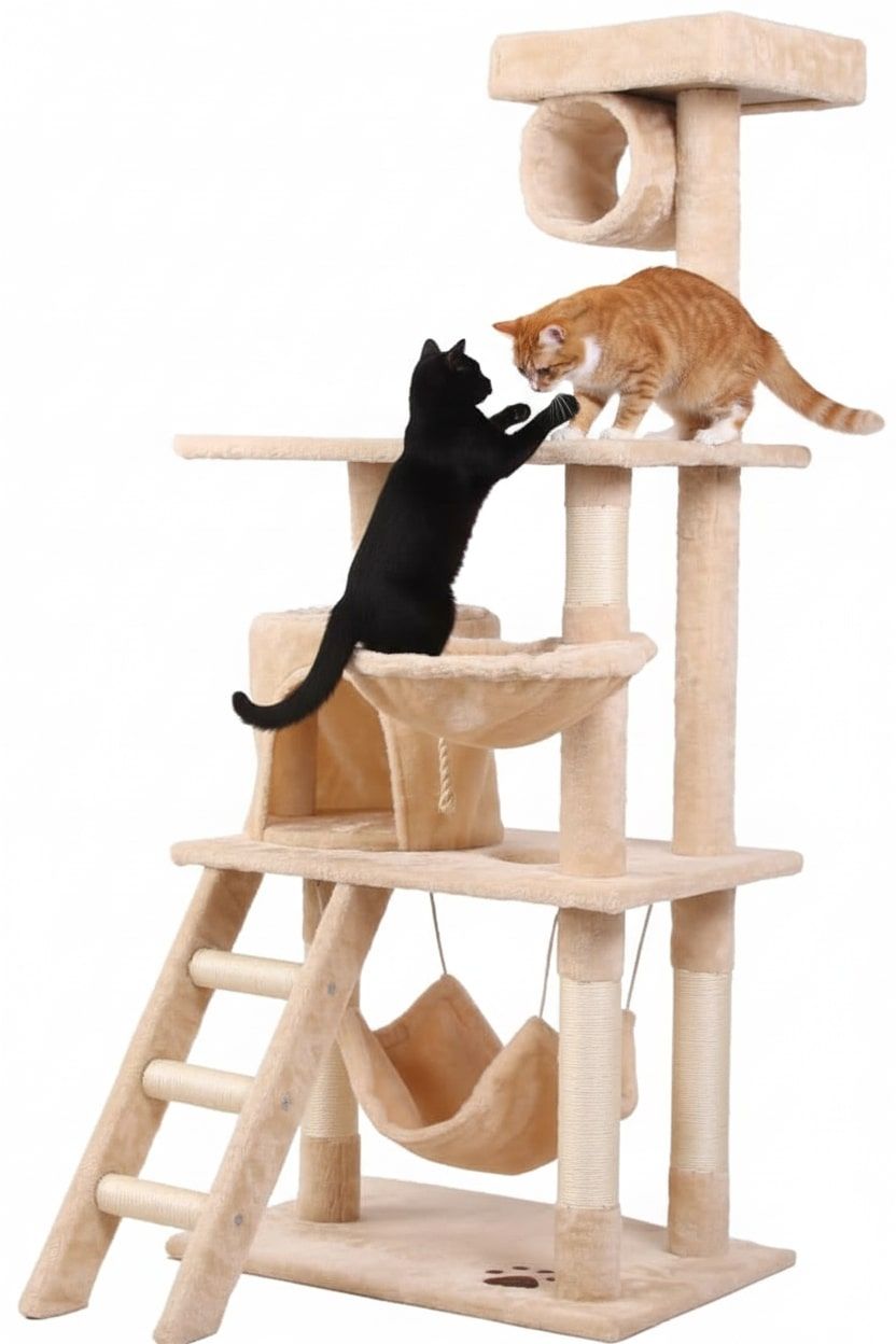 141cm Cat Tree Tower for Indoor Cats with Plush Perch, Ladder, Sisal Scratching Posts, Hammock & Condo for Kittens & Adult Cats (Beige)