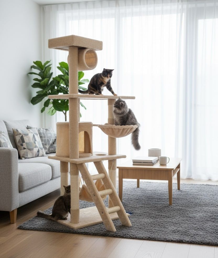 141cm Cat Tree Tower for Indoor Cats with Plush Perch, Ladder, Sisal Scratching Posts, Hammock & Condo for Kittens & Adult Cats (Beige)