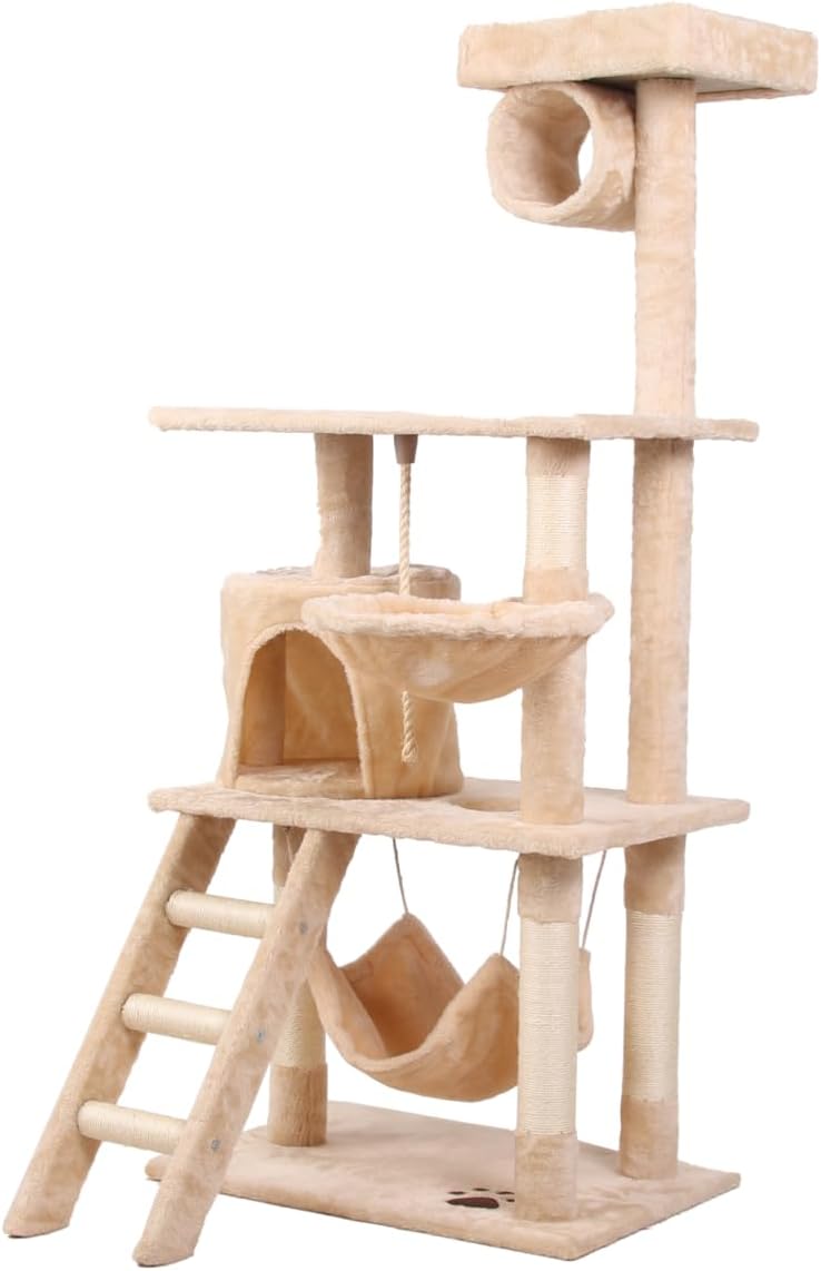 141cm Cat Tree Tower for Indoor Cats with Plush Perch, Ladder, Sisal Scratching Posts, Hammock & Condo for Kittens & Adult Cats (Beige)