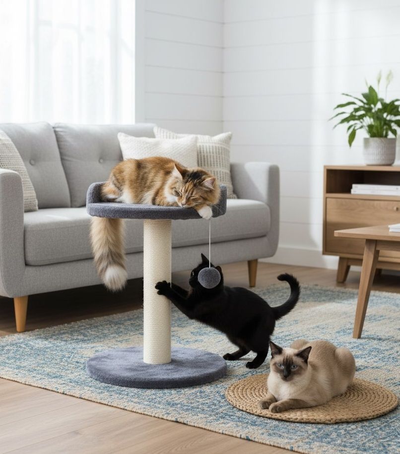 Cat Tree Tower for Indoor Cats with Plush Perch, Sisal Scratching Post & Hanging Ball Toy for Kittens or Small Breeds