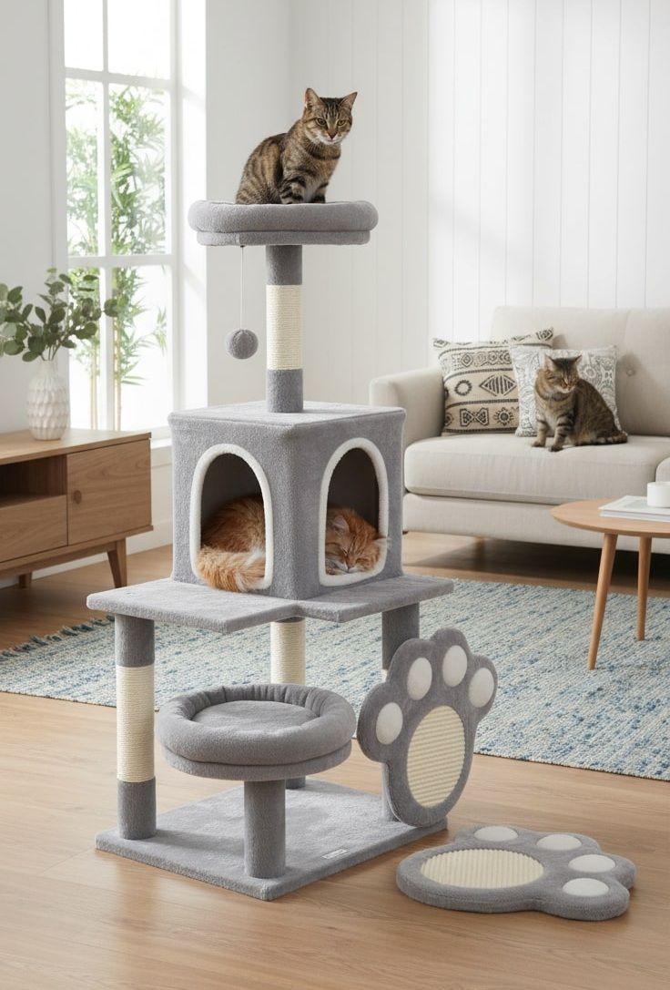 Large Cat Tree Tower for Indoor Cats with Plush Perch, Cat Condo, Natural Sisal Scratching Posts, Hanging Ball & Paw Scratcher