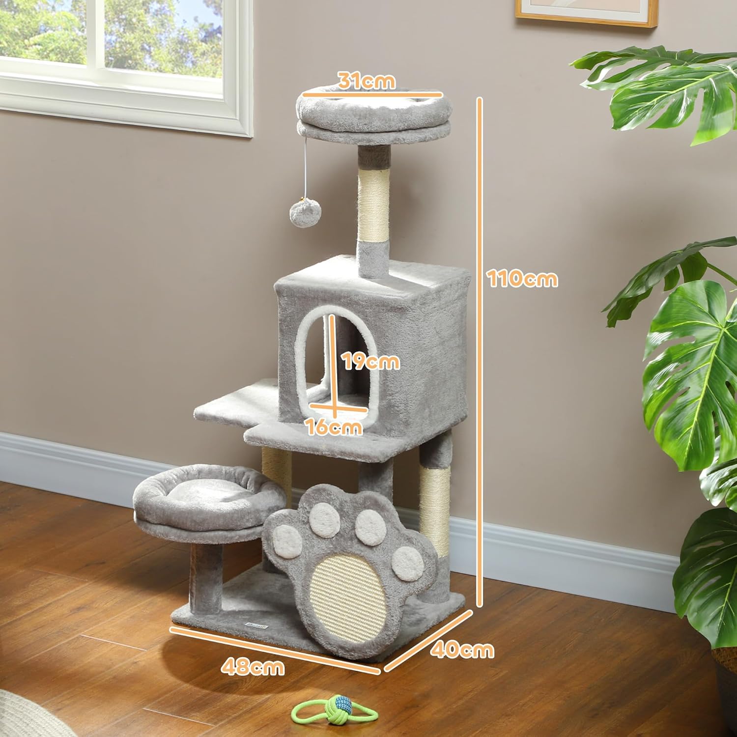 Large Cat Tree Tower for Indoor Cats with Plush Perch, Cat Condo, Natural Sisal Scratching Posts, Hanging Ball & Paw Scratcher