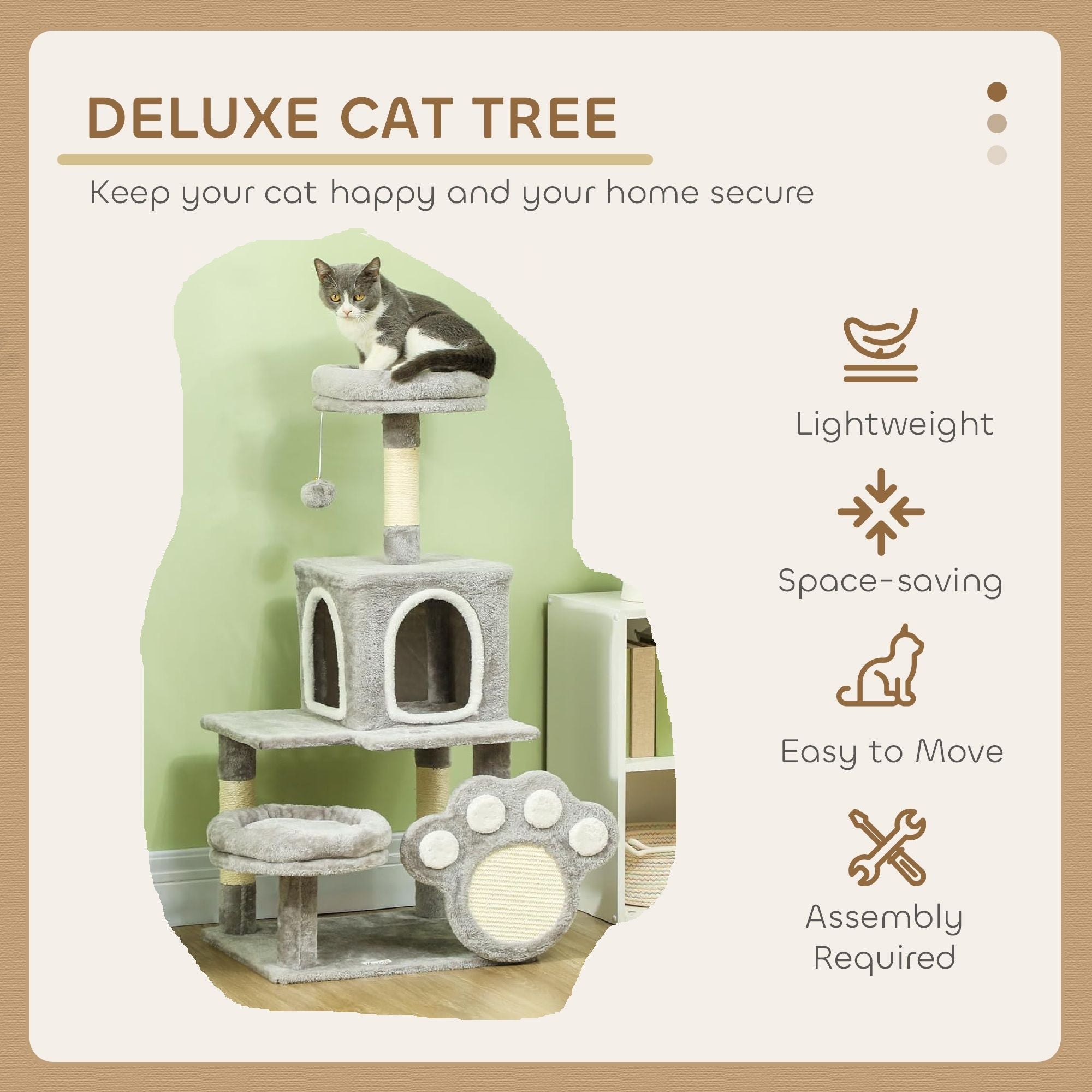 Large Cat Tree Tower for Indoor Cats with Plush Perch, Cat Condo, Natural Sisal Scratching Posts, Hanging Ball & Paw Scratcher