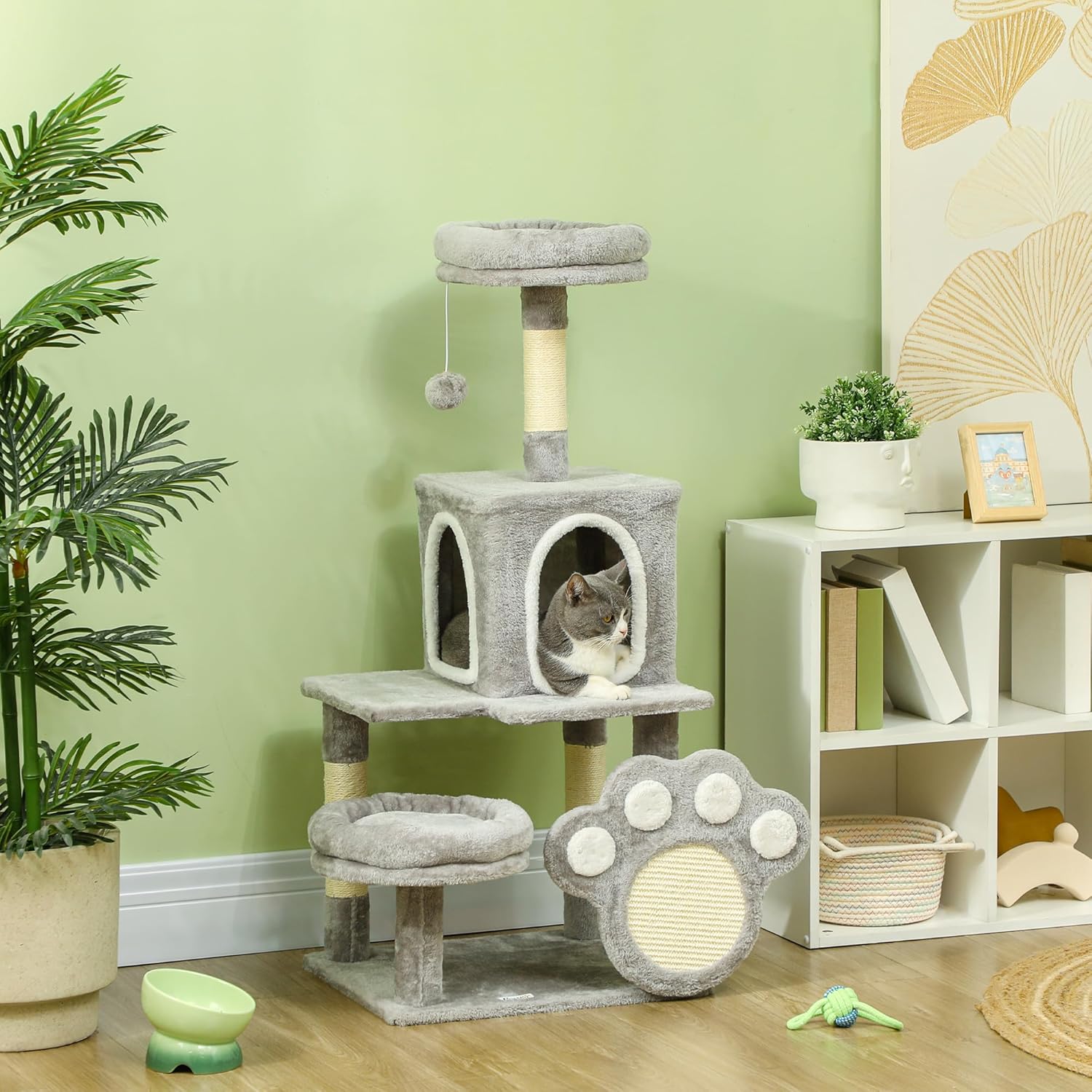 Large Cat Tree Tower for Indoor Cats with Plush Perch, Cat Condo, Natural Sisal Scratching Posts, Hanging Ball & Paw Scratcher
