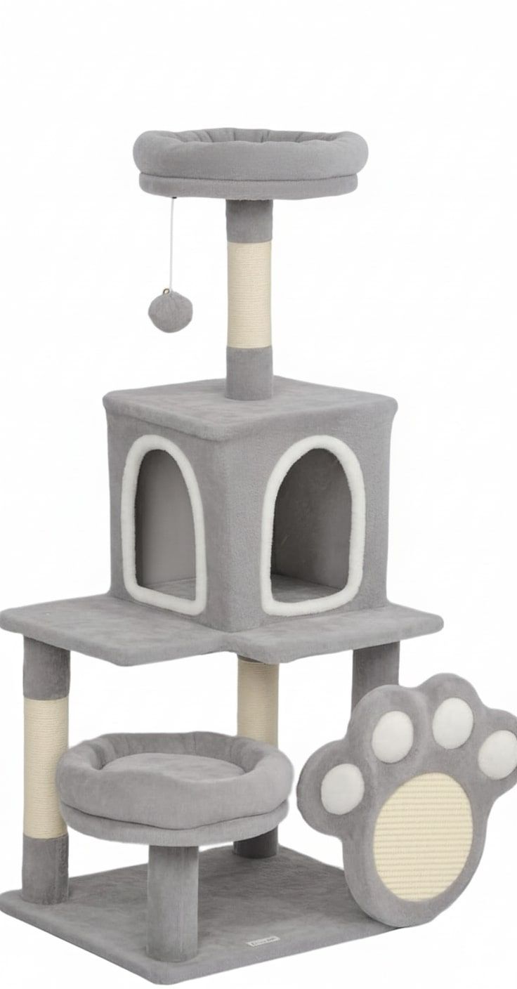 Large Cat Tree Tower for Indoor Cats with Plush Perch, Cat Condo, Natural Sisal Scratching Posts, Hanging Ball & Paw Scratcher