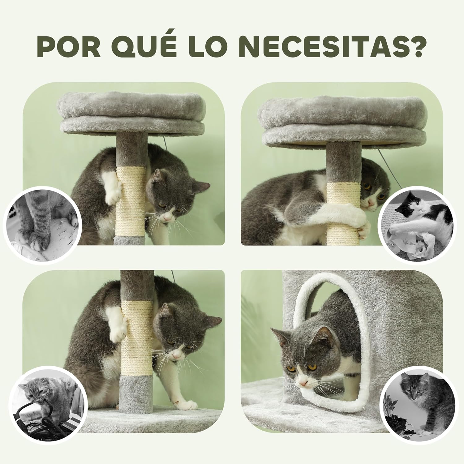 Large Cat Tree Tower for Indoor Cats with Plush Perch, Cat Condo, Natural Sisal Scratching Posts, Hanging Ball & Paw Scratcher